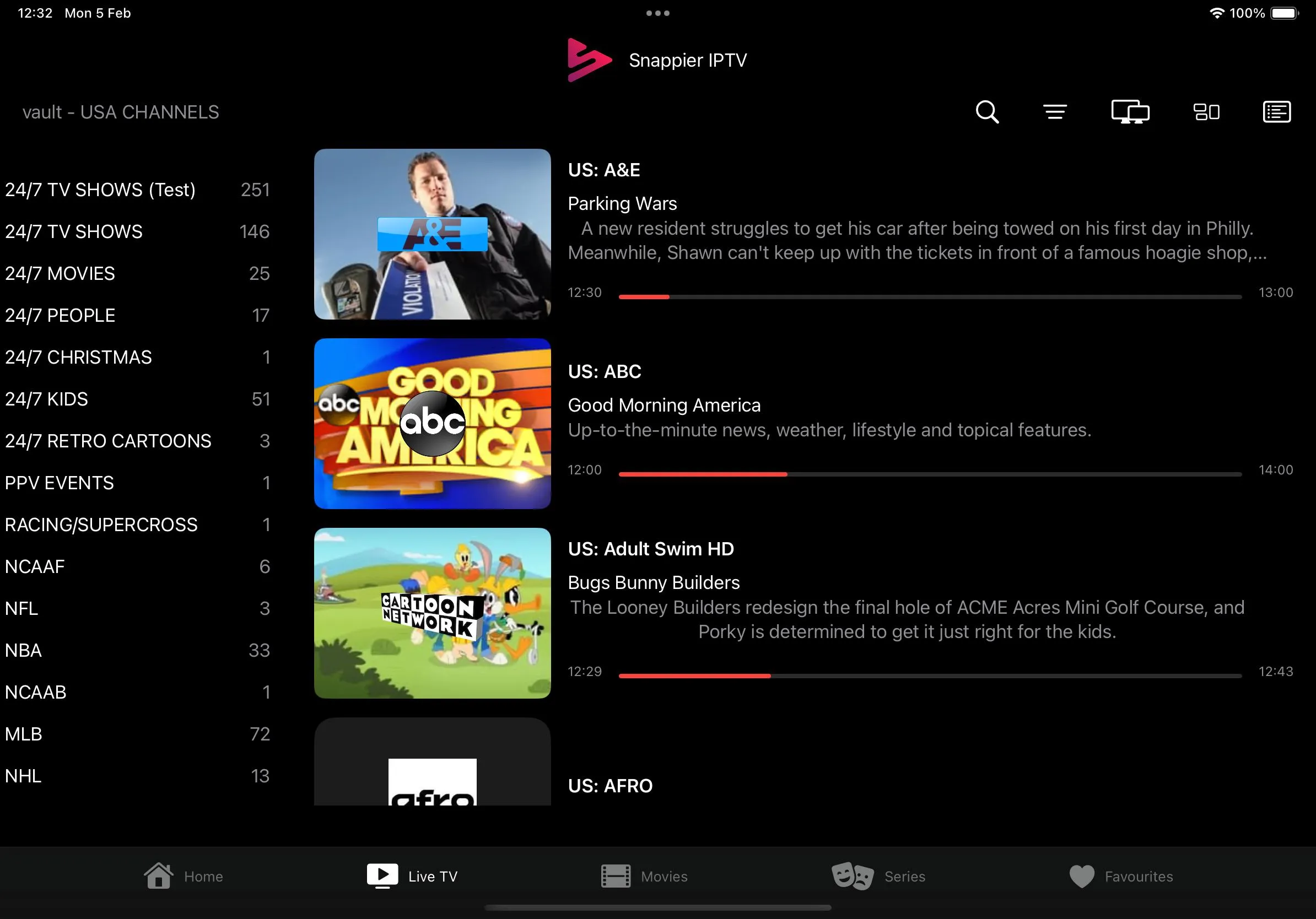 iPad Live TV List